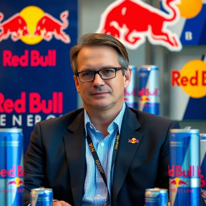 Mark Mateschitz overseeing Red Bull branding elements with energy drink cans and logo displays