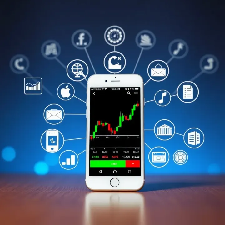 Illustration of a smartphone connected to various financial icons representing trading features and broker integration