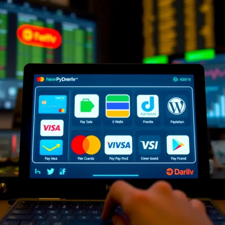 Popular Payment Methods for Depositing on Deriv Various payment options icons including bank cards and e-wallets on a digital screen