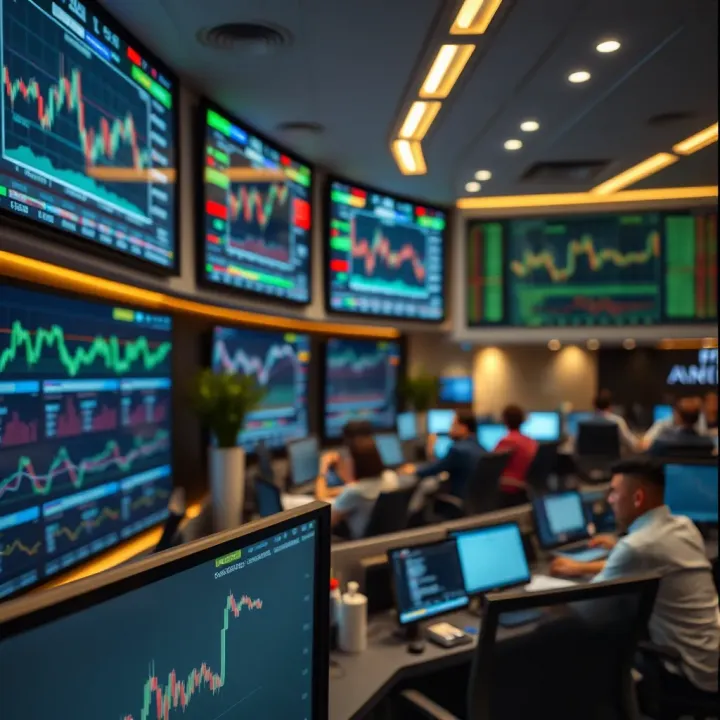 A modern trading floor showcasing dynamic financial charts and digital data screens illustrating market trends