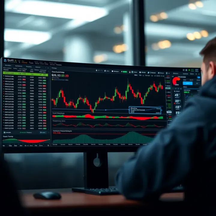 Graphical representation of Quotex trading platform interface with charts and trading tools