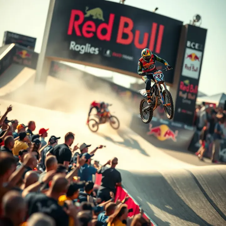 Red Bull's Bold Sponsorships in Extreme Sports Dynamic Red Bull extreme sports event showcasing sponsored athletes in action and vibrant crowd engagement