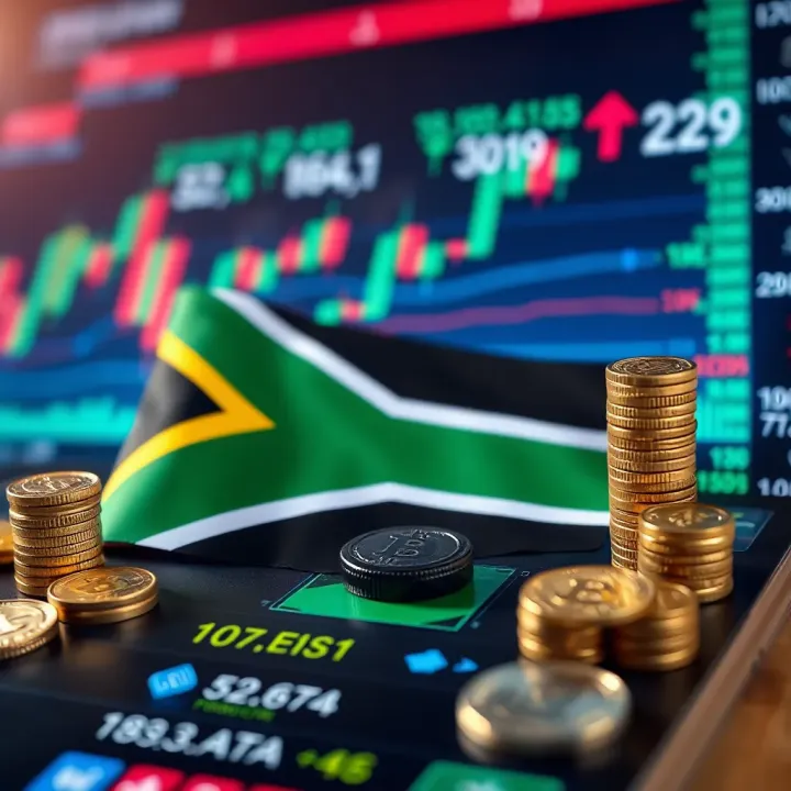 Illustration of South African flag combined with forex market symbols and charts