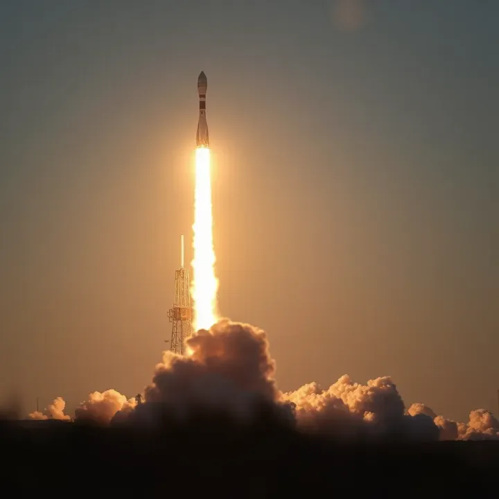 Falcon rocket launching into clear sky with plume of smoke