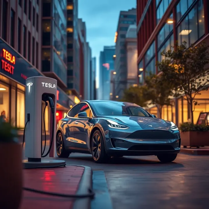 Tesla Electric Vehicle Charging in an Urban Setting Tesla electric vehicle charging at a modern station surrounded by urban environment