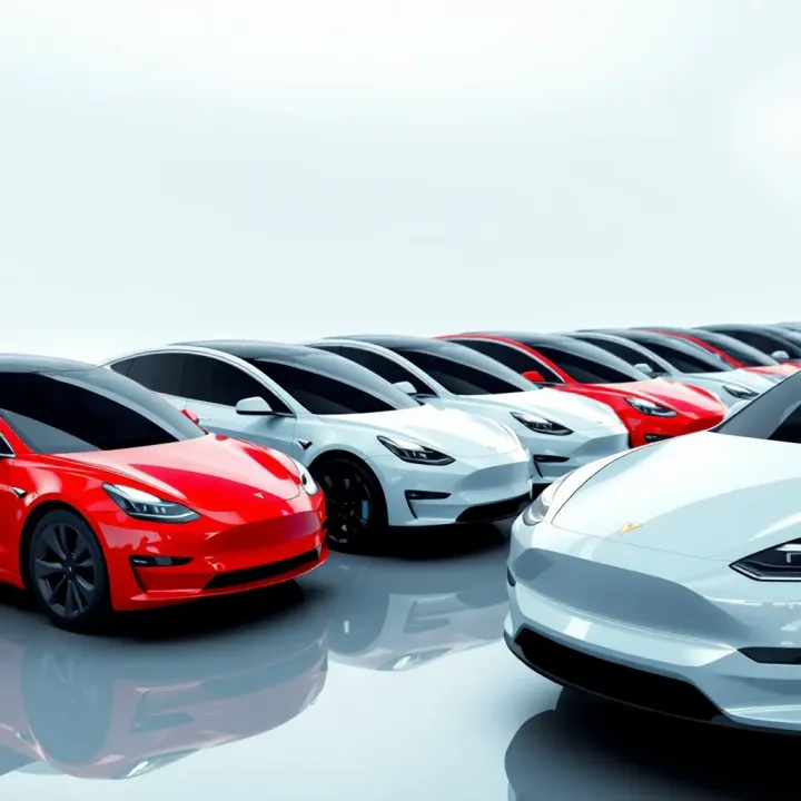 Showcase of Tesla's Electric Vehicle Range Illustration of Tesla's electric vehicle lineup showcasing various car models on a clean futuristic background