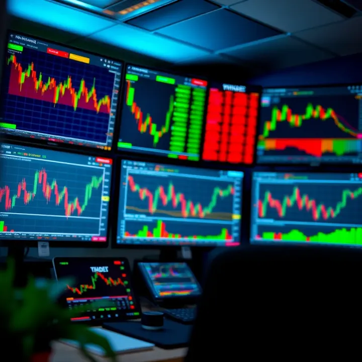 Trading desk setup showing multiple monitors with stock market analytics and volatility indicators
