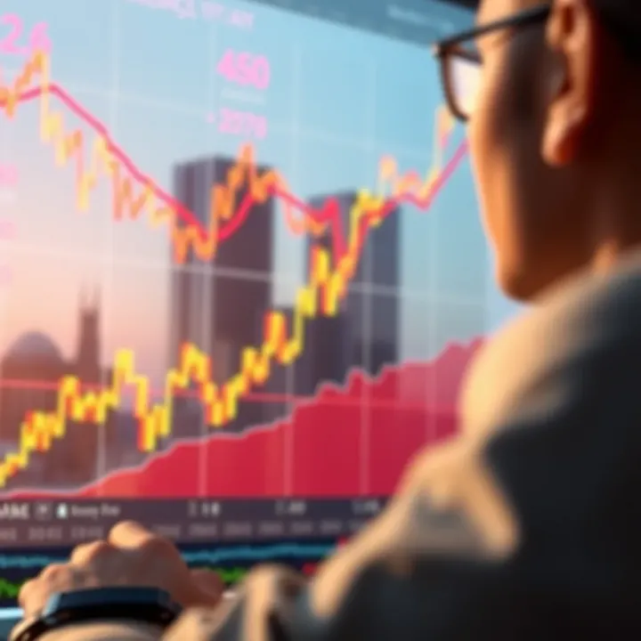 Graph showing upward trend with indexes and trading data