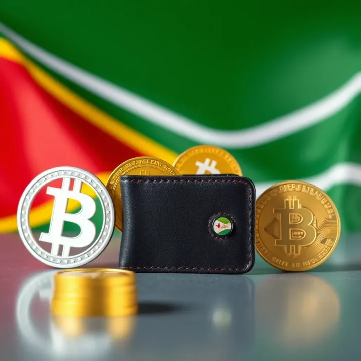 Illustration of digital wallet and cryptocurrency symbols with South African flag backdrop