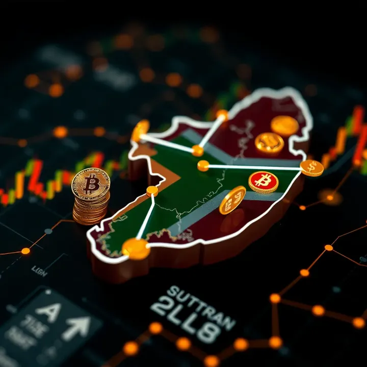 Digital illustration depicting cryptocurrency symbols connected to a map of South Africa, highlighting the local crypto trading ecosystem