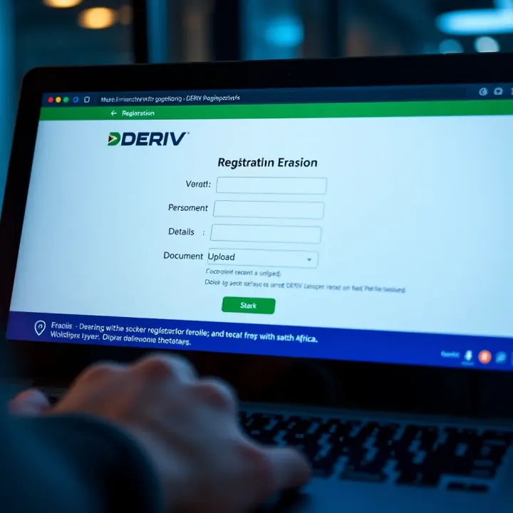 User interface showing DERIV registration form with fields for personal details and document upload
