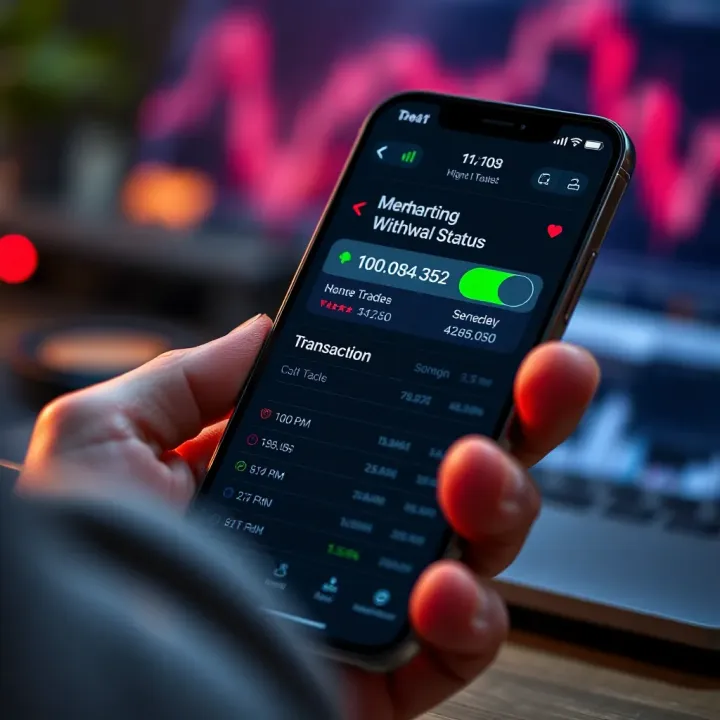 Digital wallet showing withdrawal transaction status on a mobile trading app