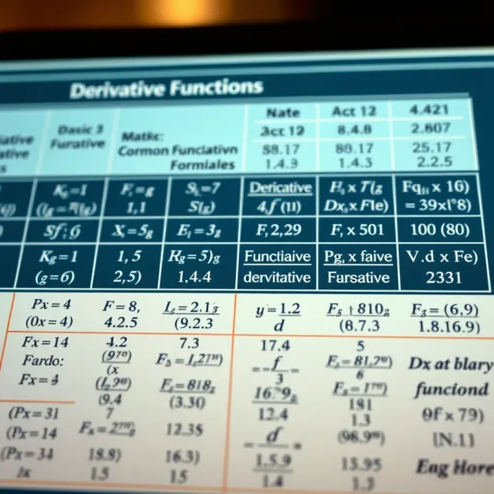 Chart illustrating common functions alongside their corresponding derivative formulas