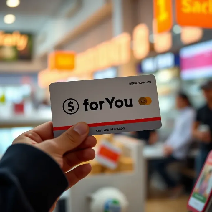 Illustration of a digital voucher card with an icon representing savings and rewards