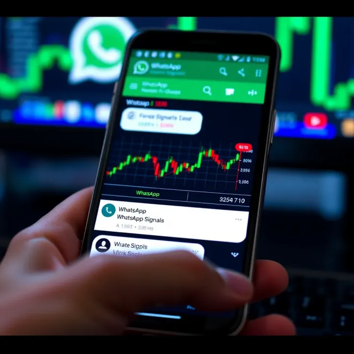 Mobile phone screen displaying a WhatsApp chat with forex trading signals and market updates