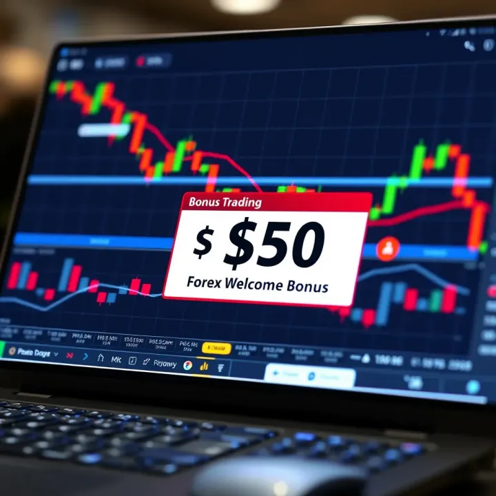 Illustration of a forex trading platform interface highlighting a $50 bonus offer