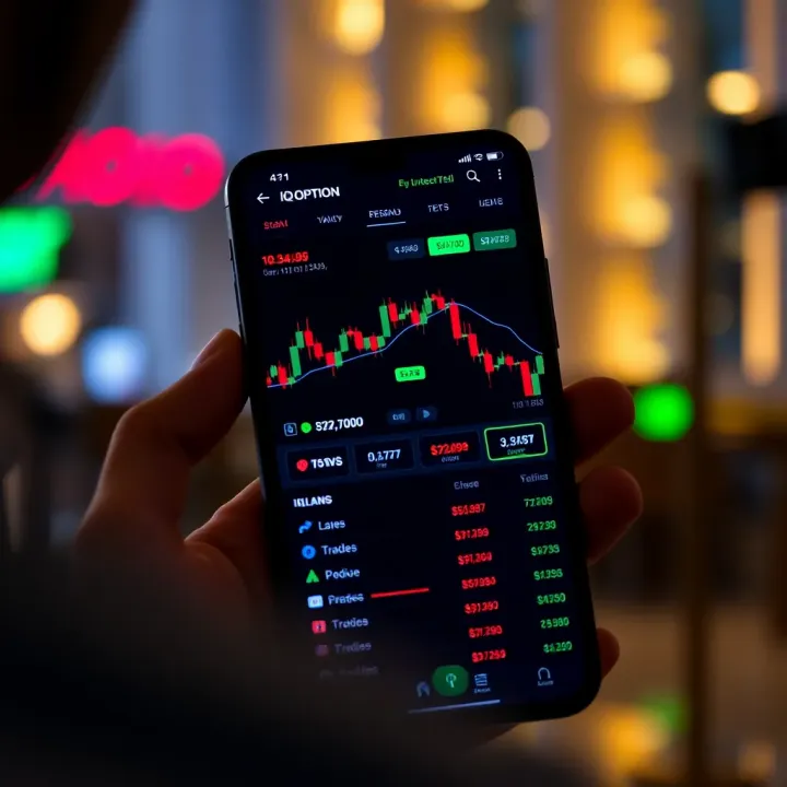 Smartphone displaying IQ Option trading app interface with charts and trading options