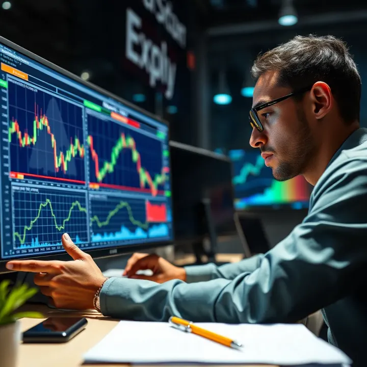 South African Trader Exploring No Evaluation Prop Trading Firms South African trader analyzing financial charts on a computer screen symbolizing no evaluation prop trading firms