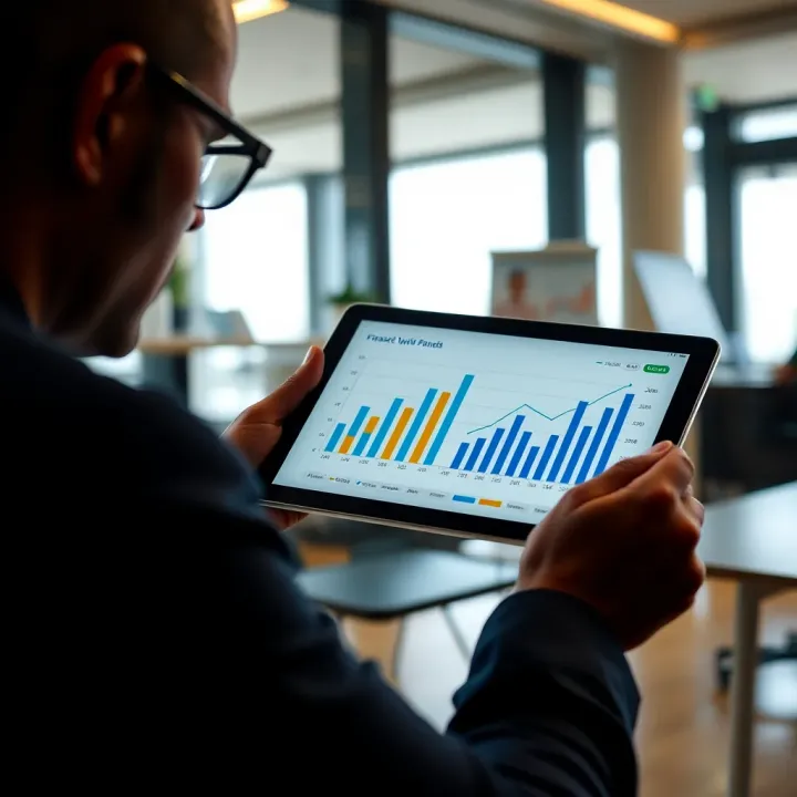 Business professional analyzing a financial growth chart on a digital tablet in a modern office setting