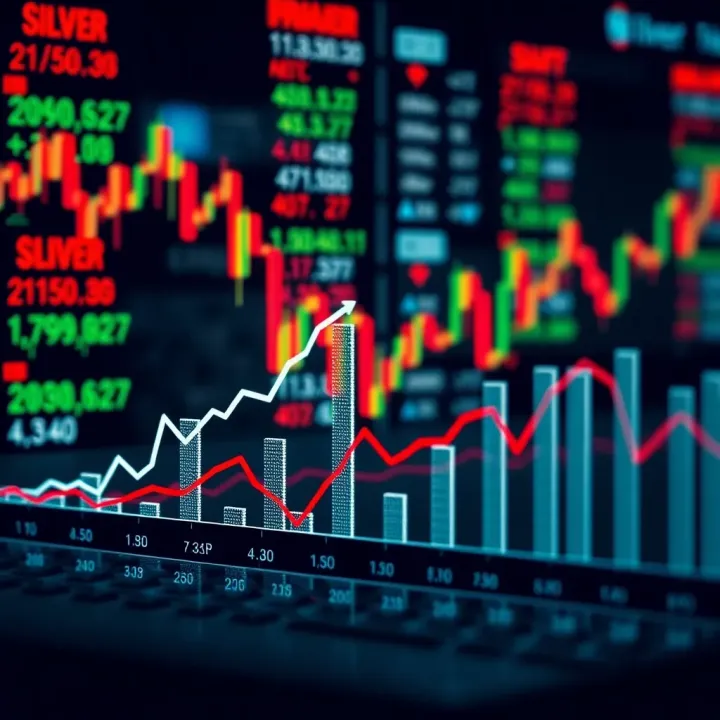 Graph showing silver price fluctuations with market indicators in the background