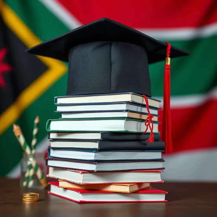 Access to Education Supported by Funding Initiatives in South Africa Stack of books with a graduation cap resting on top against a backdrop of South African flag