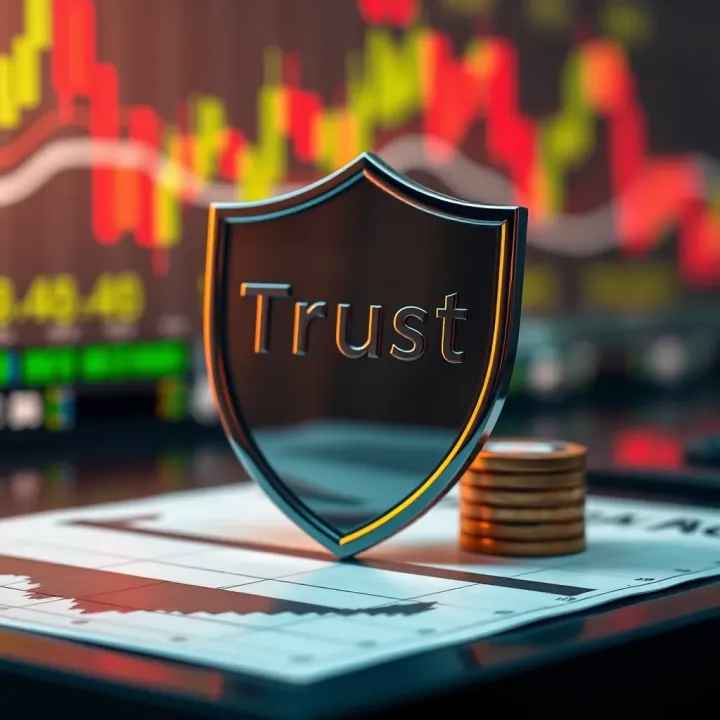Conceptual depiction of financial regulation and trust with symbolic shield and market charts